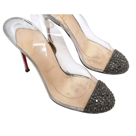 CHRISTIAN LOUBOUTIN Slingback Pumps PVC Crystals Pewter Leather Heels Cap Toe 38 - Picture 7 of 16